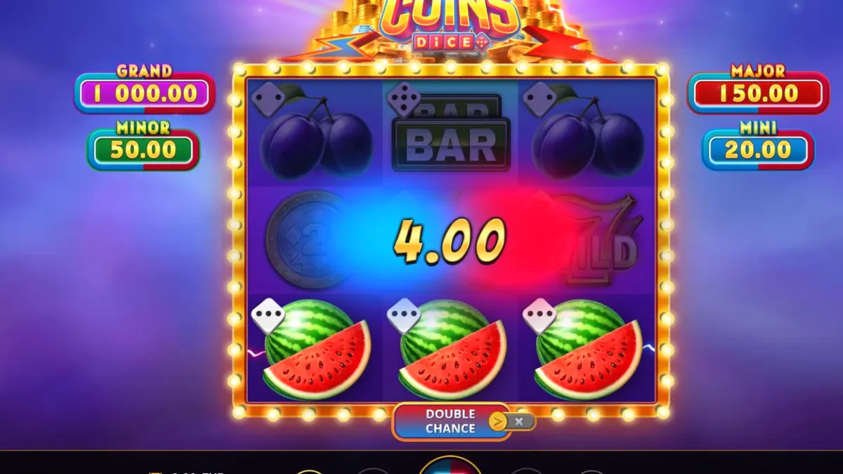 Tampilan layar permainan slot Magnetic Coins Dice dengan simbol koin berkilau