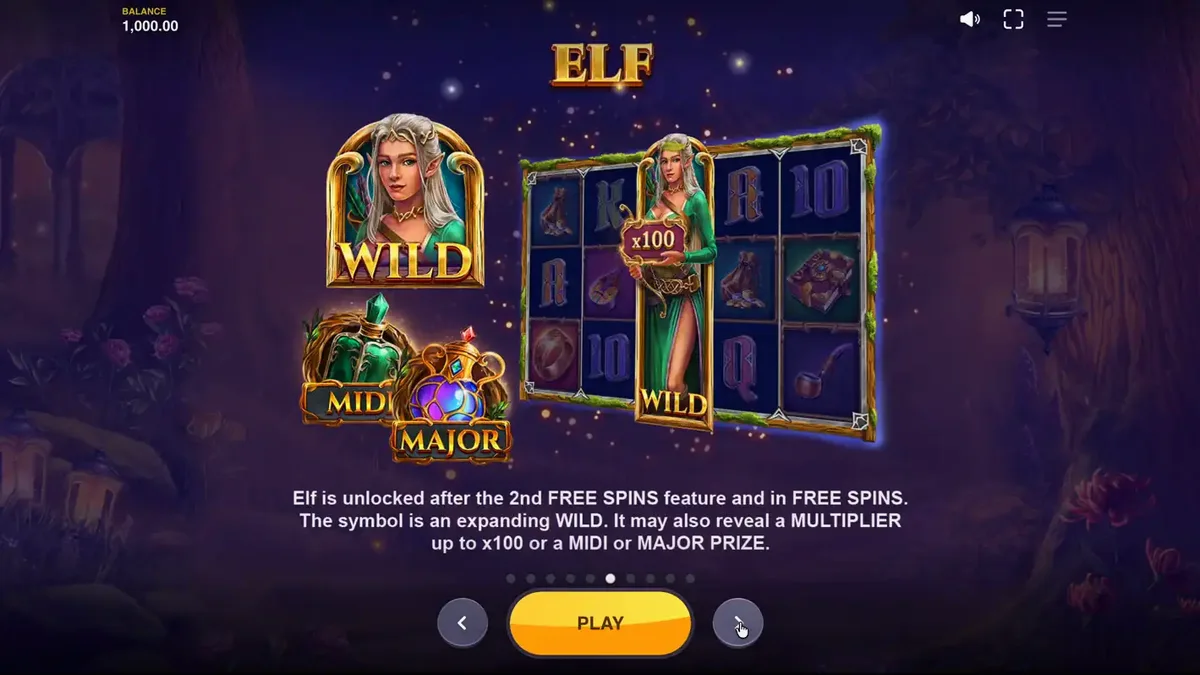 Pemandangan hutan fantasi mistis dengan karakter pahlawan dalam slot Land of Riches