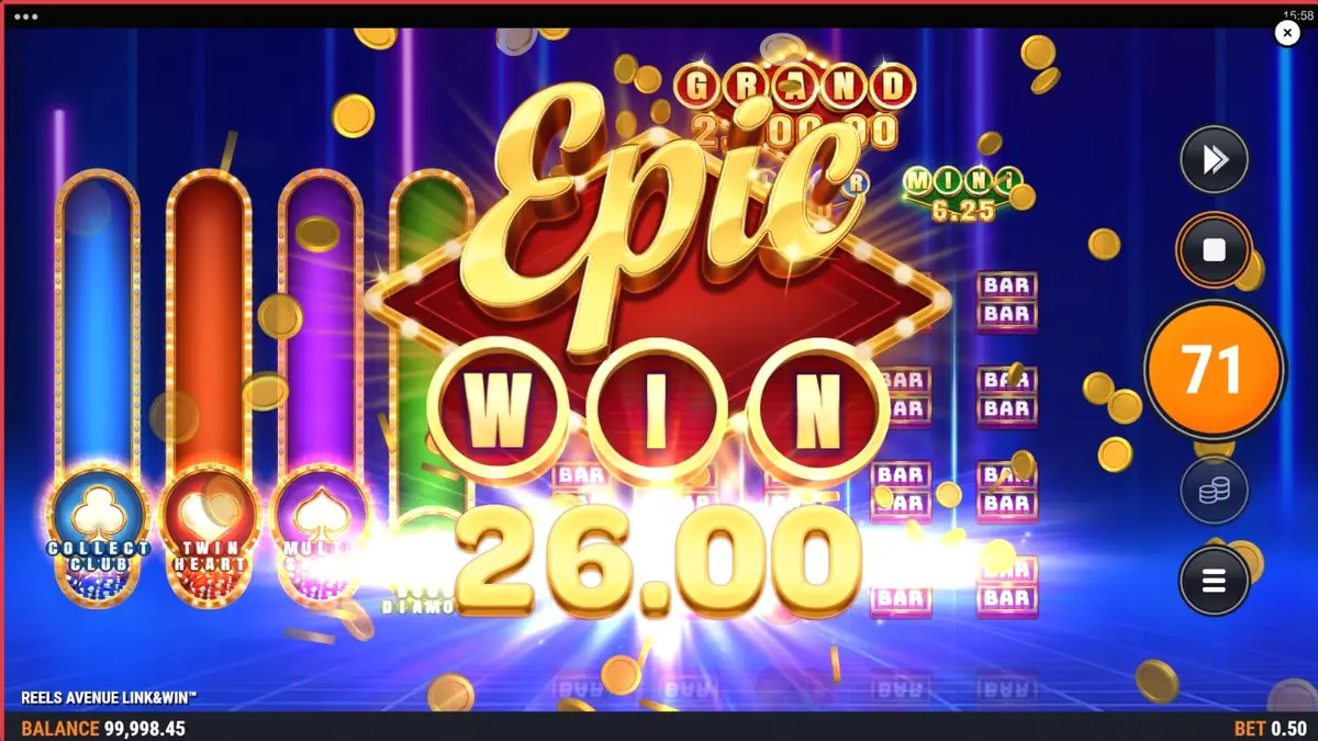 Tampilan antarmuka futuristik slot Reels Avenue Link&Win dengan elemen neon