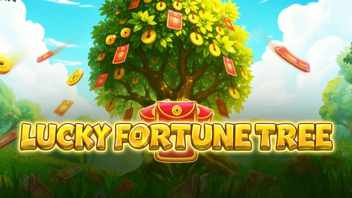 Tampilan visual slot Lucky Fortune Tree dengan latar belakang lembah yang tenang dan simbol koin emas.